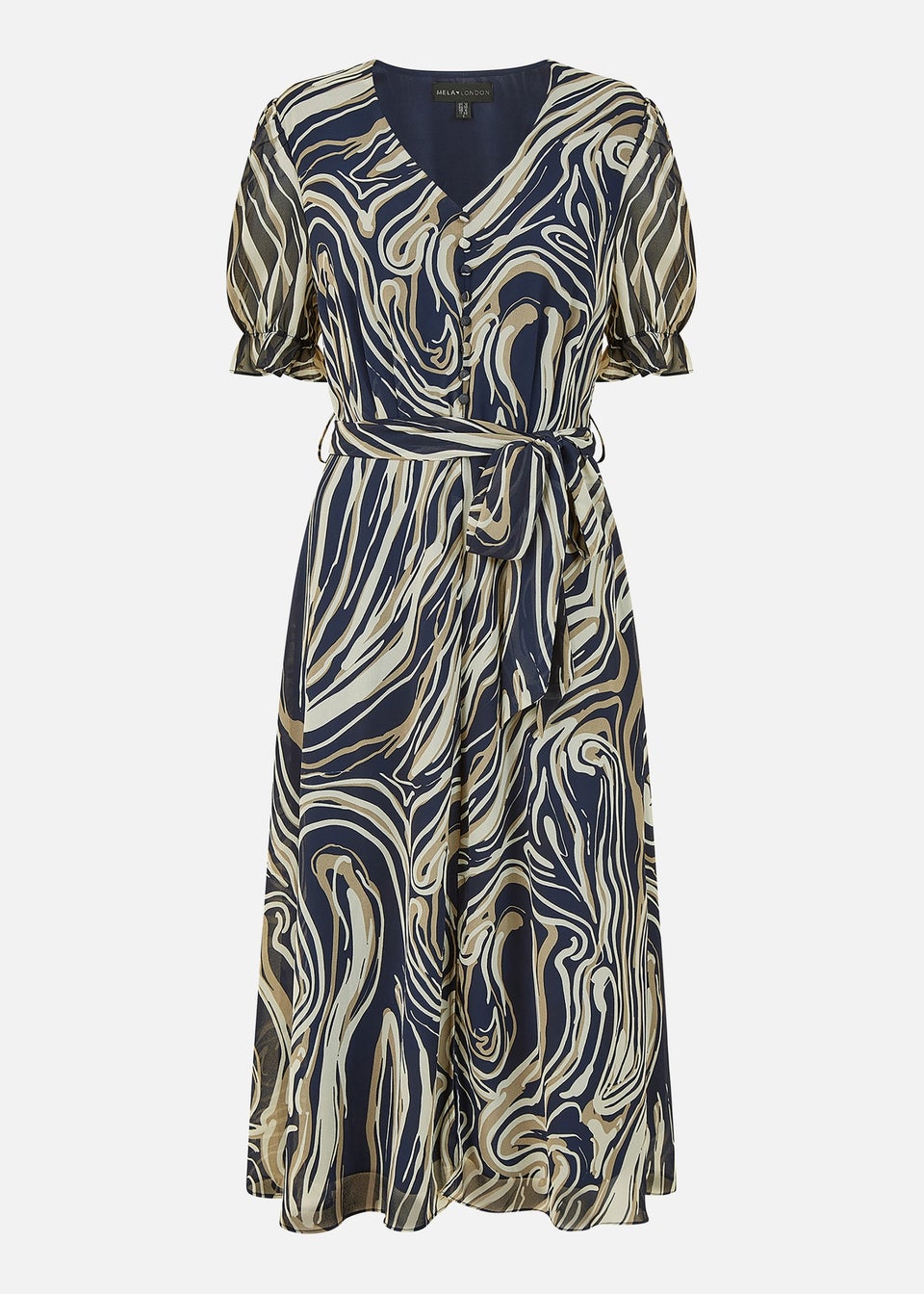 Mela Navy Swirl Print Midi Tea Dress With Split Hem