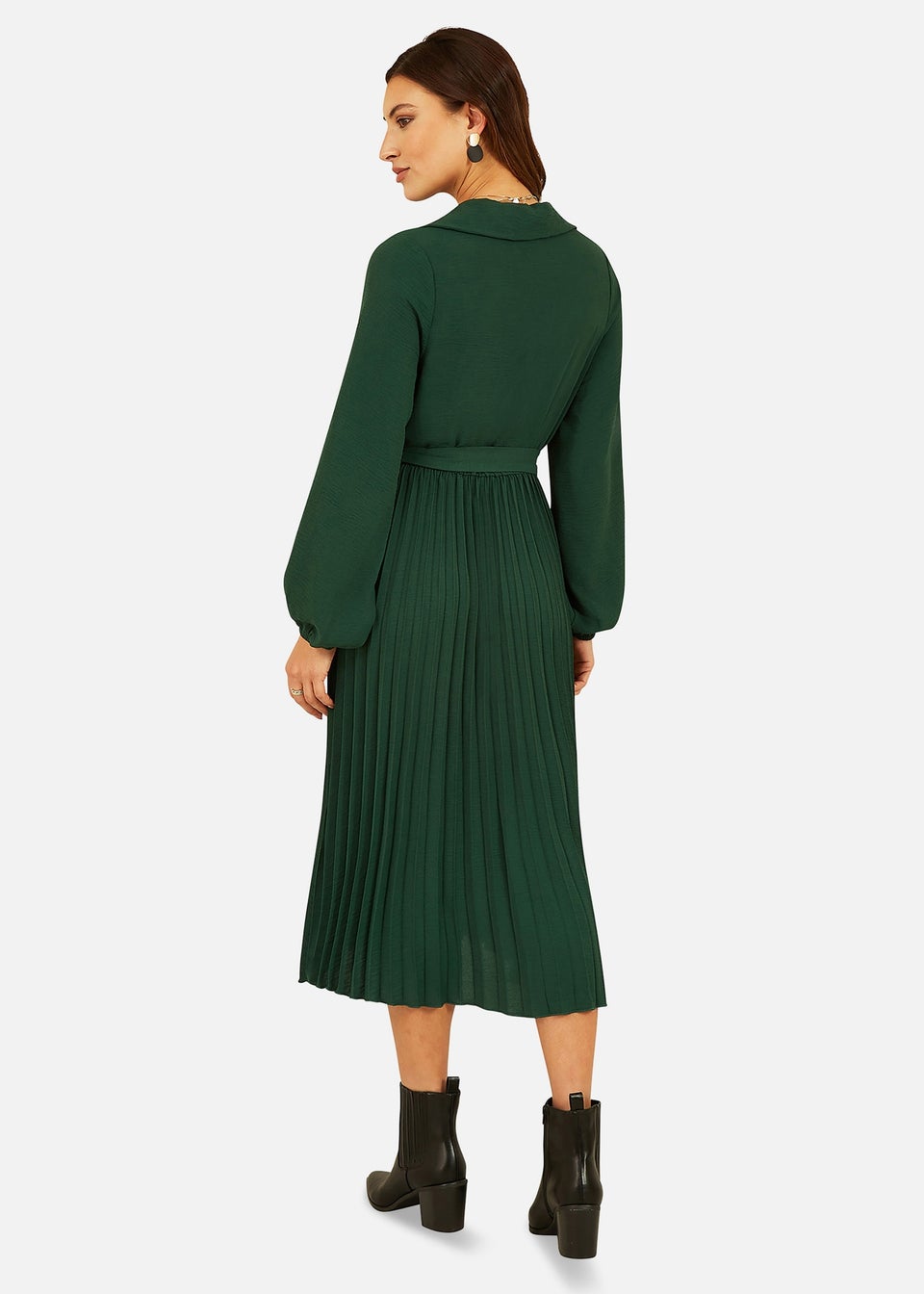 Mela Green Long Sleeve Wrap Pleated Midi Dress