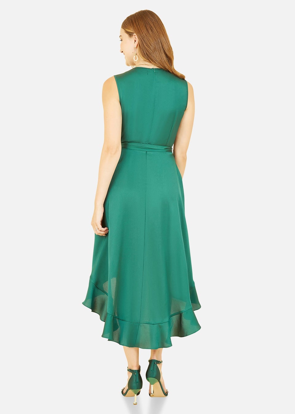 Mela Green Satin Dipped Hem Wrap Over Midi Dress