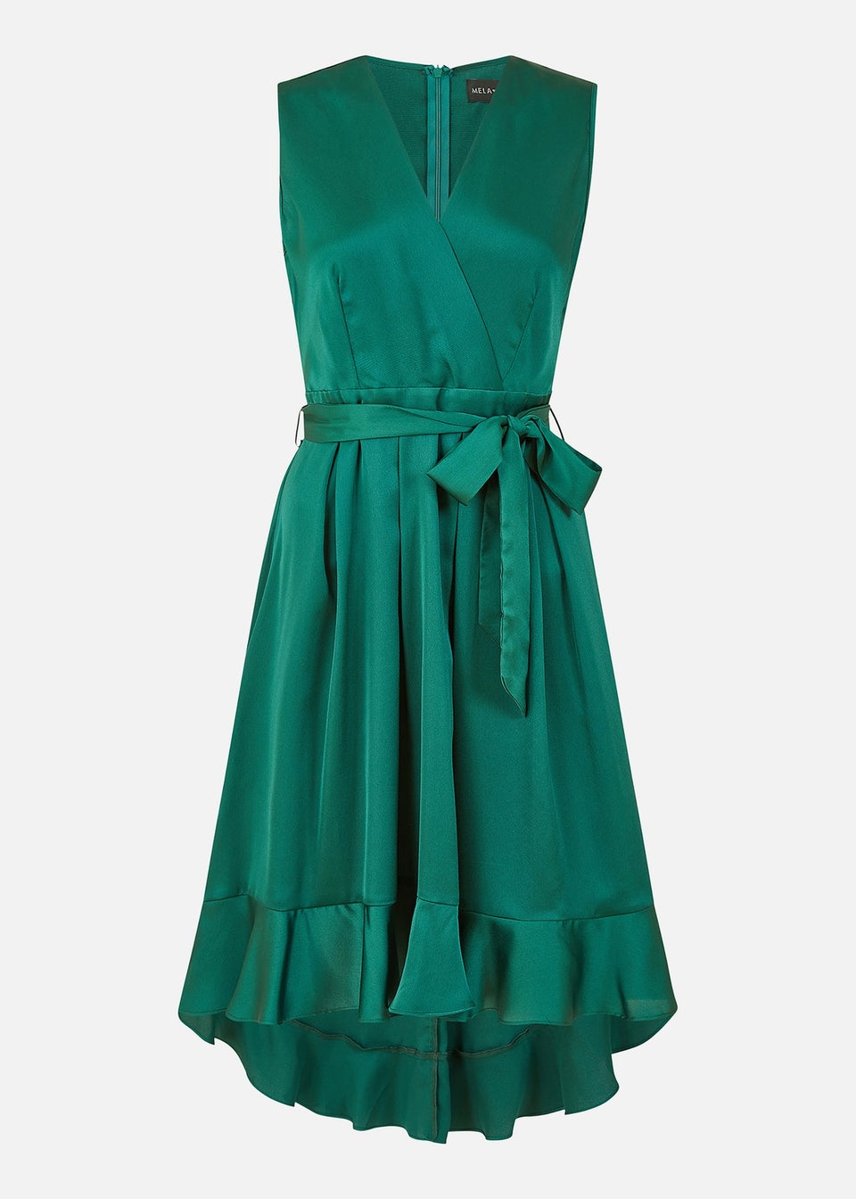 Mela Green Satin Dipped Hem Wrap Over Midi Dress