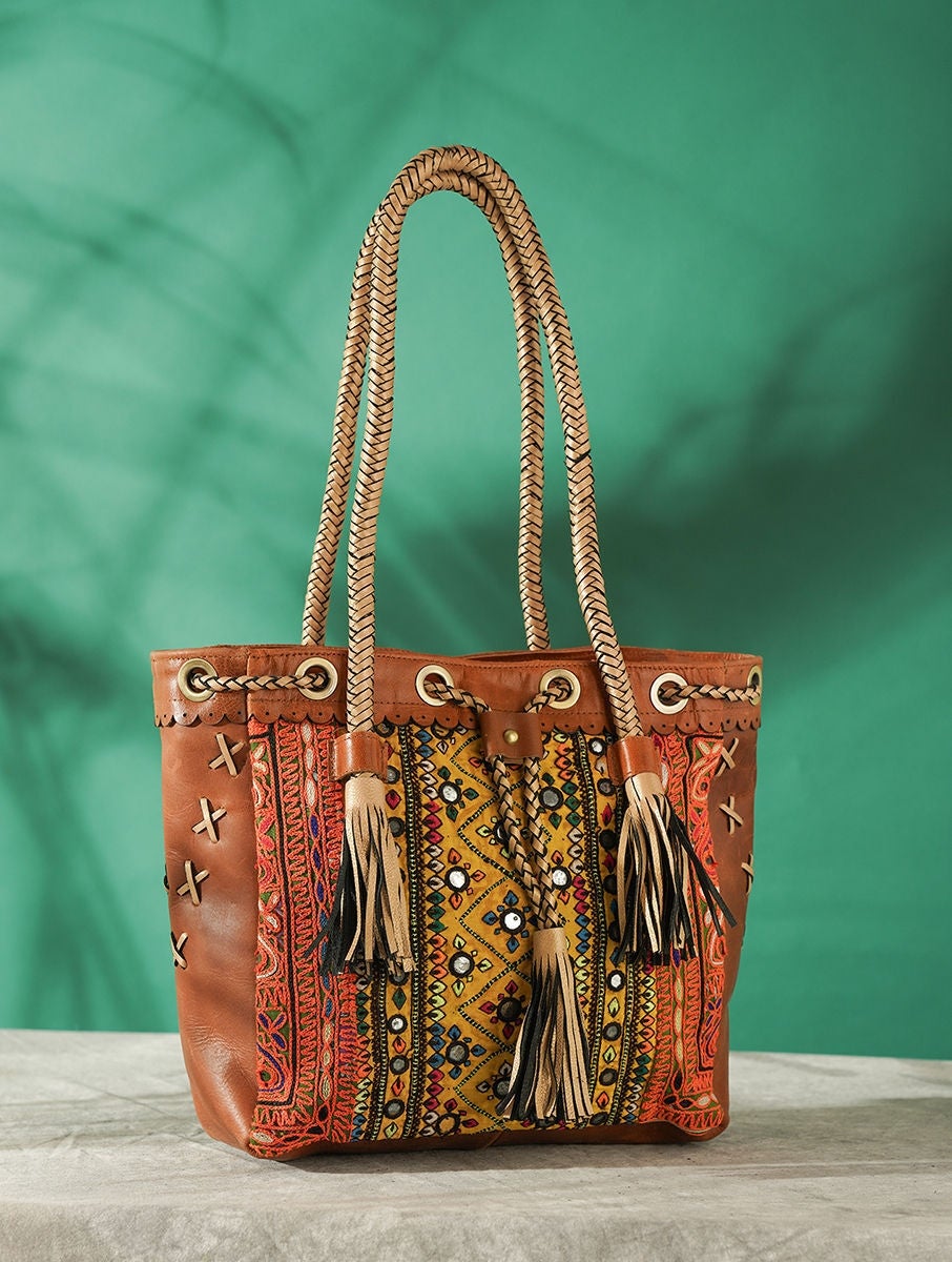 Women Multicolored Vintage Rabari Genuine Leather Tote Bag