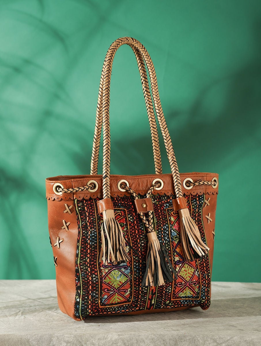 Women Multicolored Vintage Rabari Genuine Leather Tote Bag