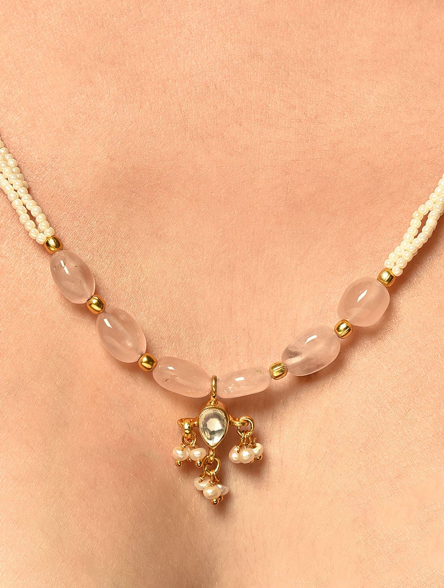 Women Gold Tone Silver Necklace With Quartz Beads