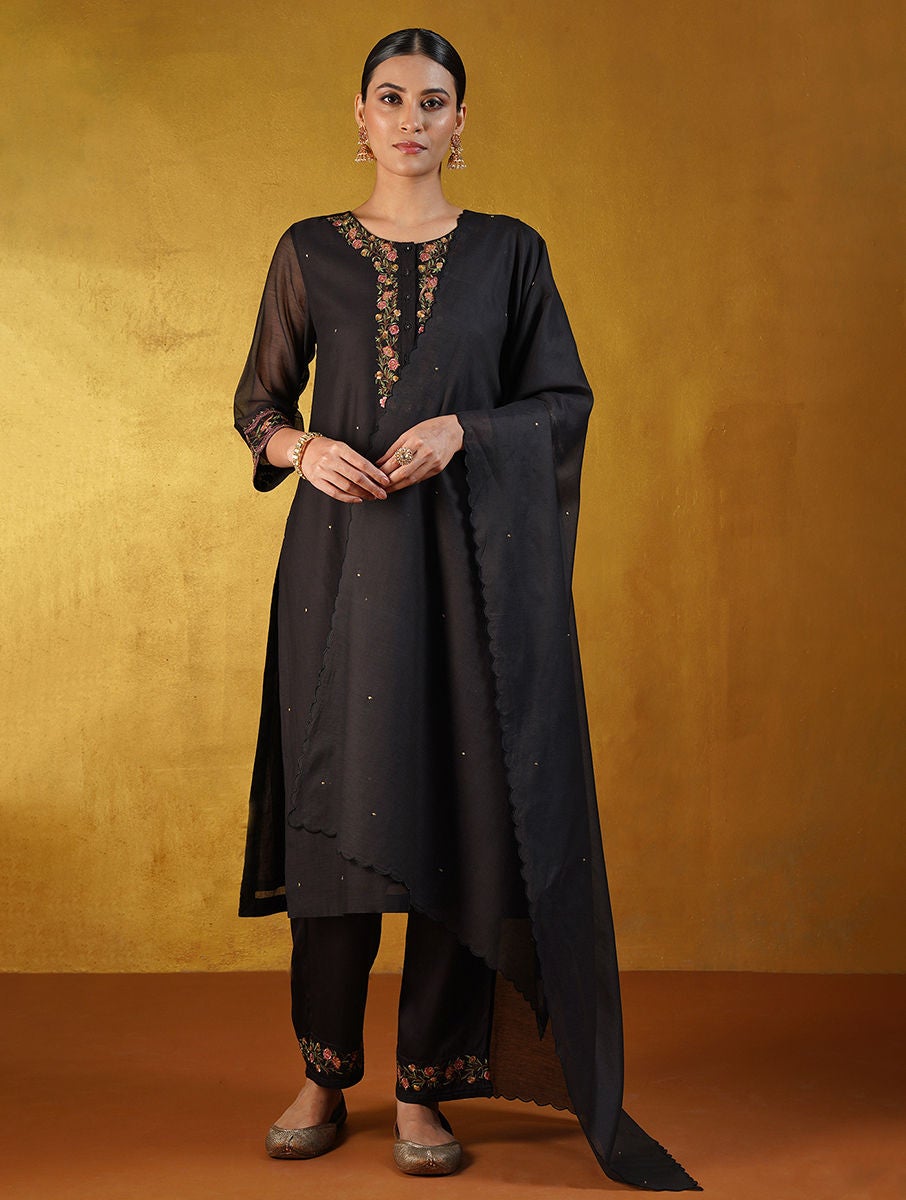 Women Black Cotton Silk Embroidered Collection Dupatta