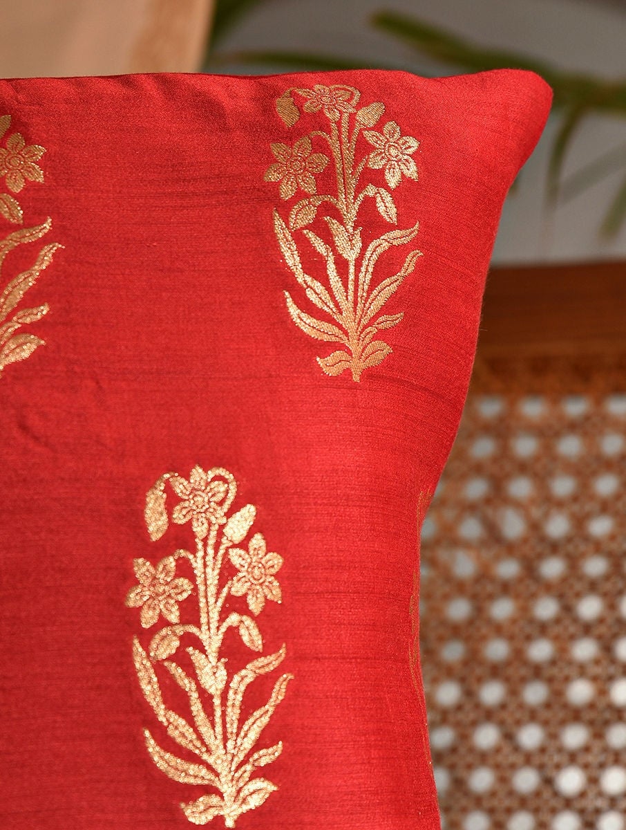 Unisex Red Chanderi Silk Cushion Cover