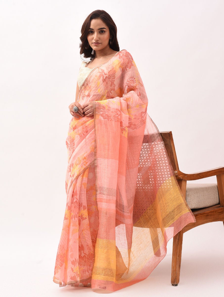 Women Pink Printed Linen Saree