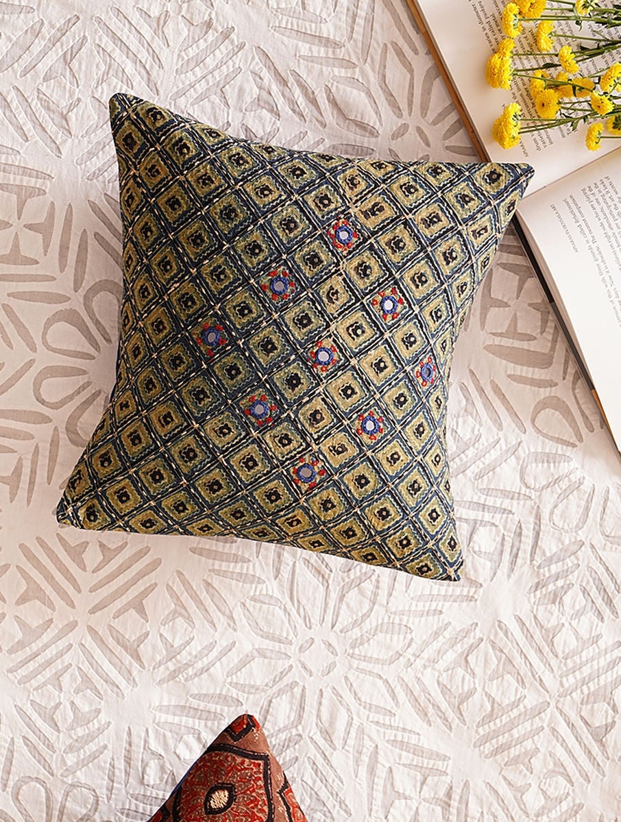 Unisex Handcrafted Ajrakh Mirrorwork Cushion Cover