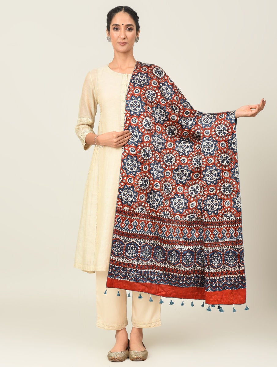 Women Multicolour Ajrakh Bandhani Wool Mashru Reversible Shawl With Kantha