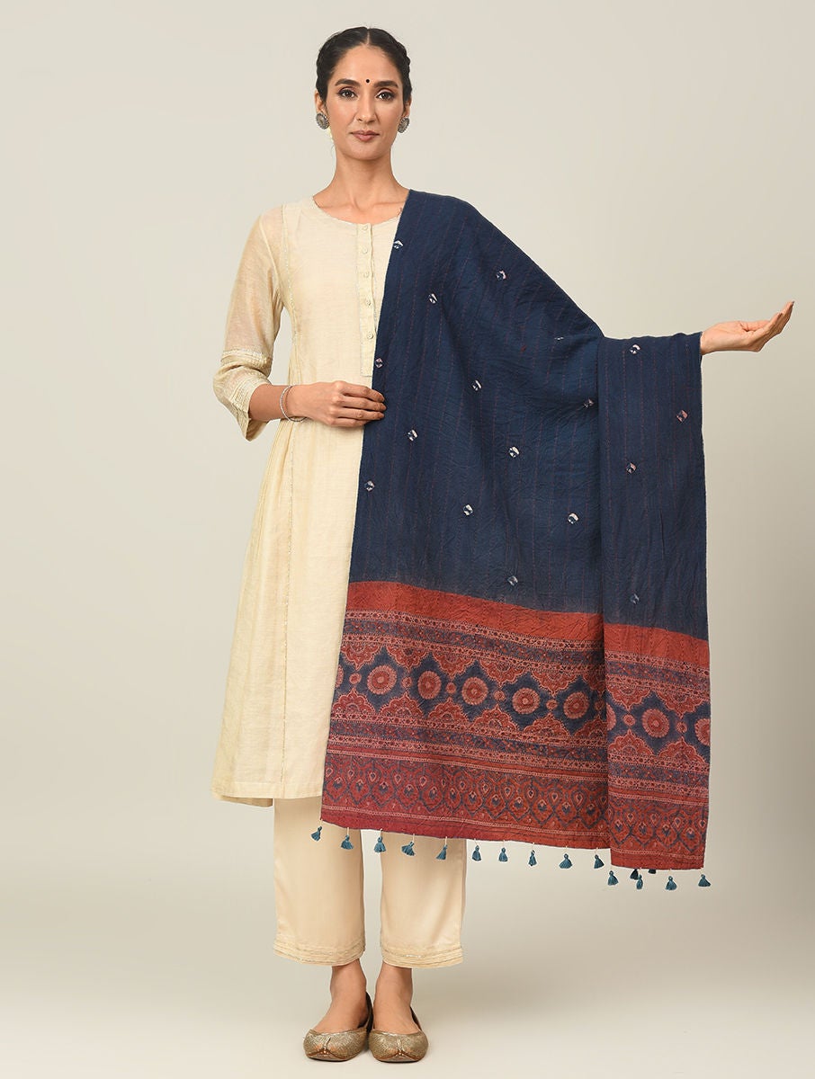 Women Multicolour Ajrakh Bandhani Wool Mashru Reversible Shawl With Kantha