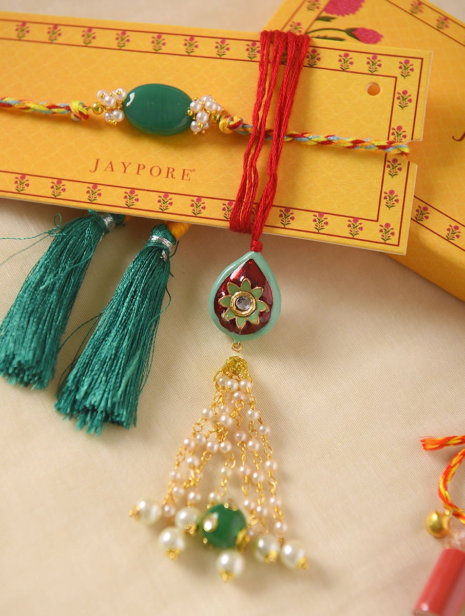 Women Green Handcrafted Rakhi With Multicolor Lumba (Set Of 2)