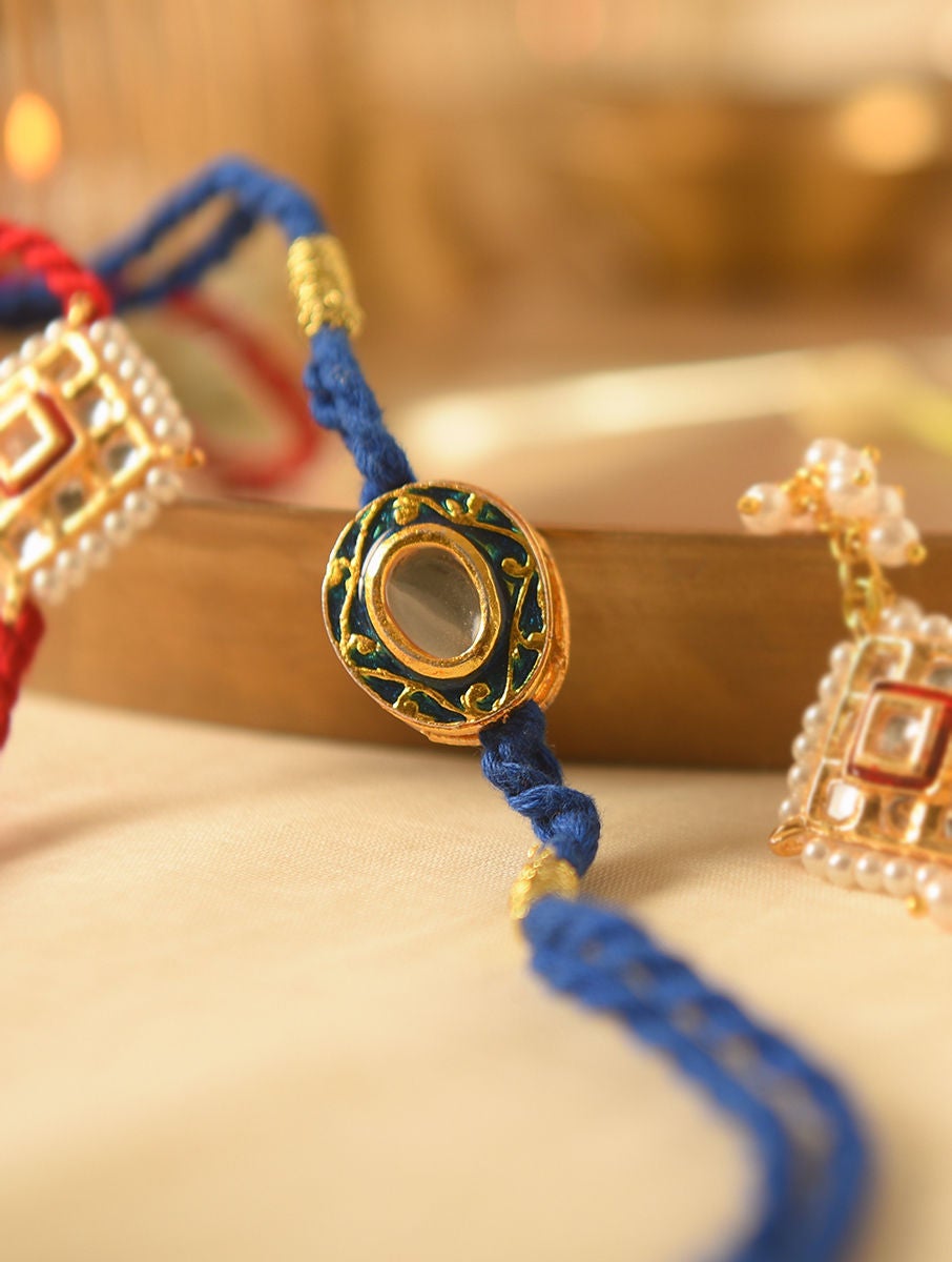 Women Blue Gold Tone Kundan Handcrafted Rakhi with Lumba (Set of 2)