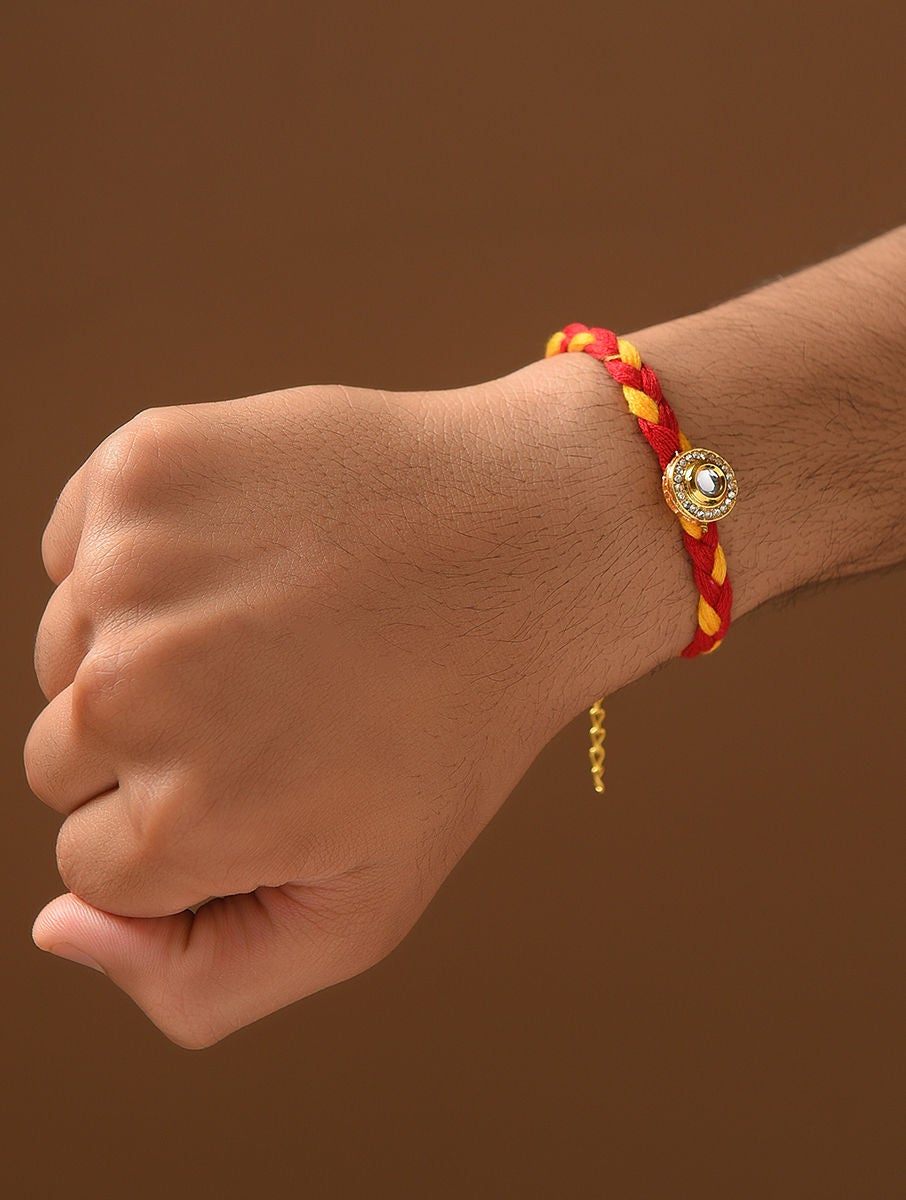 Women Red Gold Tone Kundan Handcrafted Rakhi
