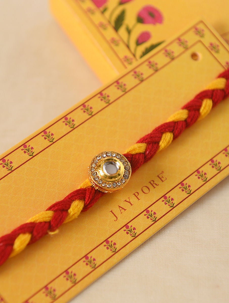 Women Red Gold Tone Kundan Handcrafted Rakhi