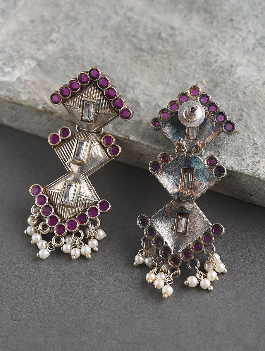 Women Purple Silver Tone Tribal Earrings