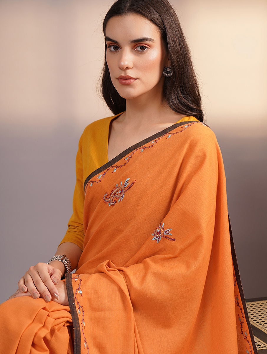 Women Yellow Handwoven Cotton Sozni Embroidery Saree