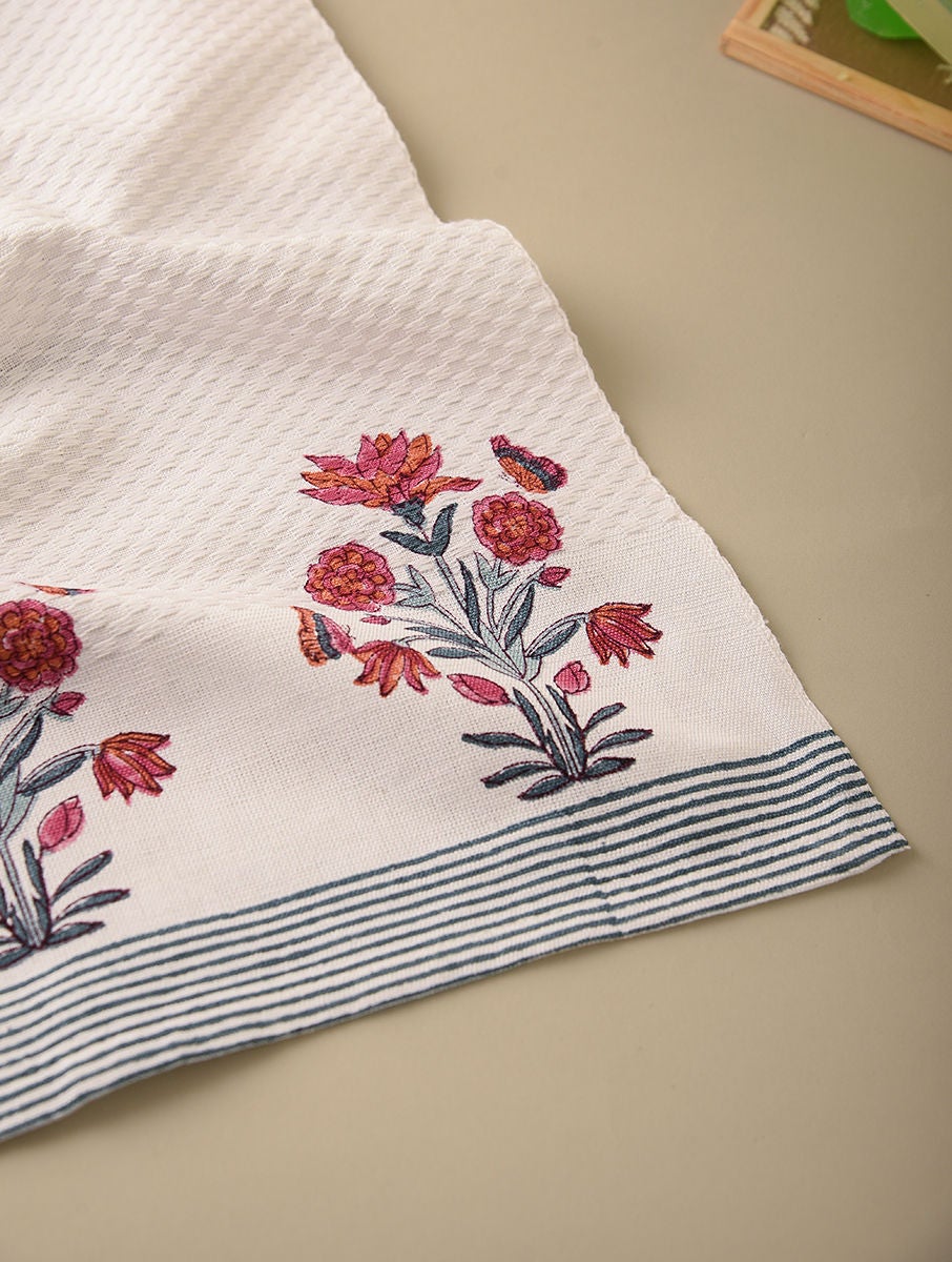 Unisex Hand Block Printed Honeycomb Hand Towel (Set Of 2)
