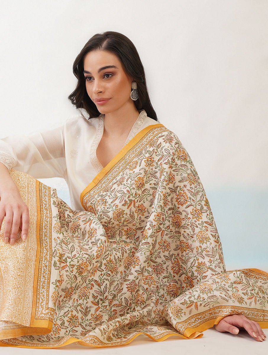 Women Mustard Block Printed Tussar Silk Dupatta