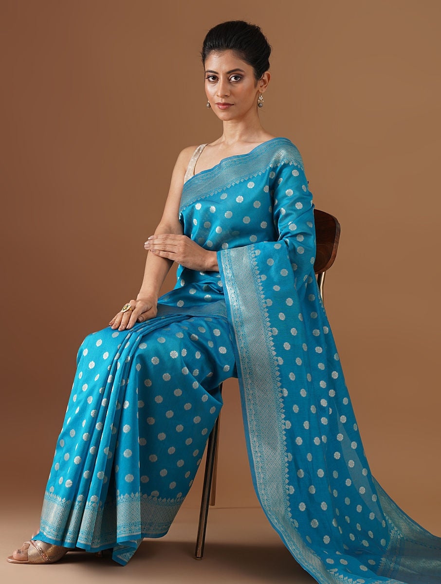 Women Blue Handwoven Benarasi Kora Silk Saree