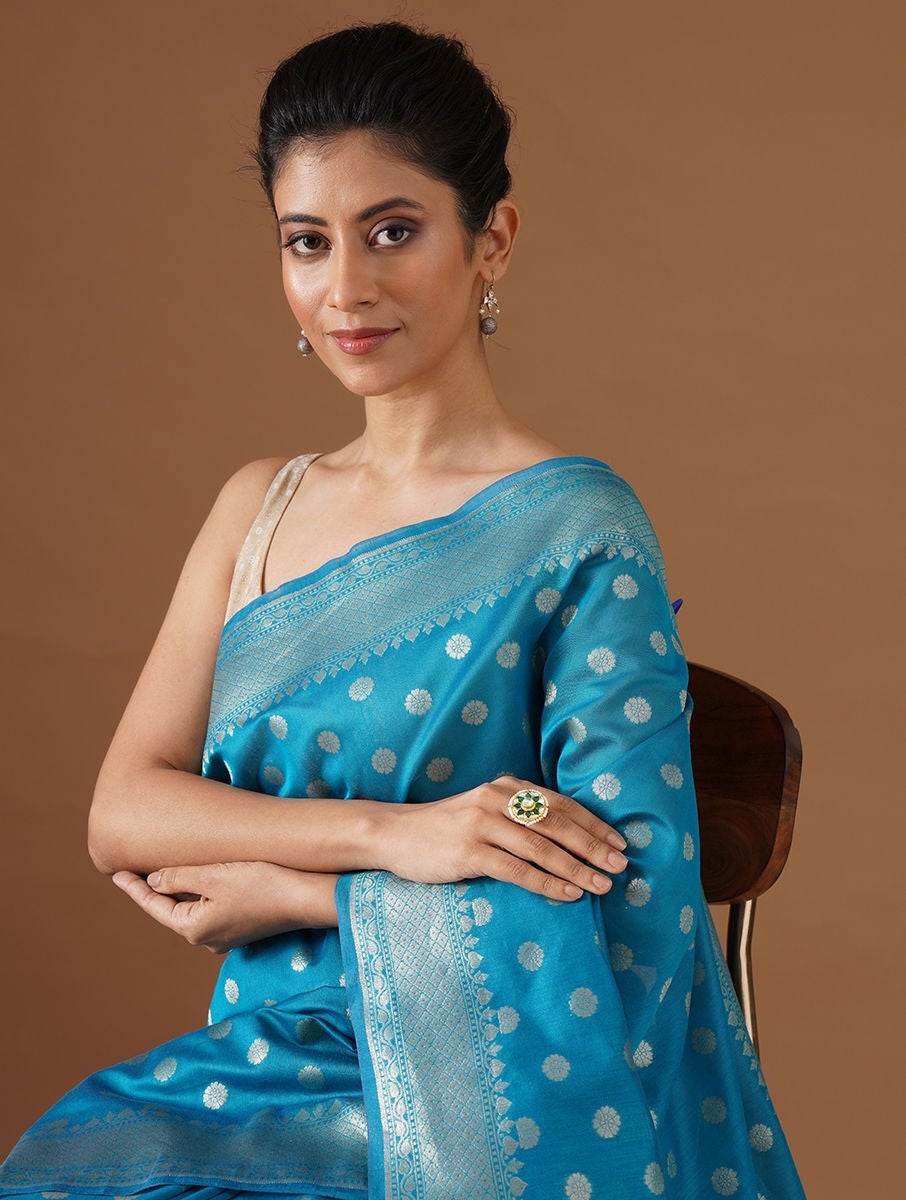 Women Blue Handwoven Benarasi Kora Silk Saree