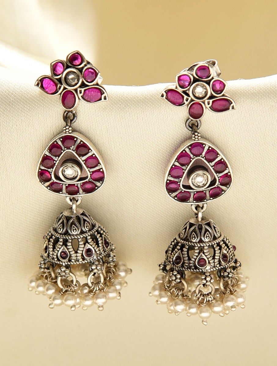 Women Silver Push Back Sterling Silver, Ruby, Cubic Zirconia, Pearls Earring