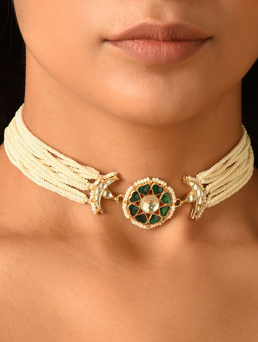 Women Green Gold Tone Pachi Kundan Choker Necklace