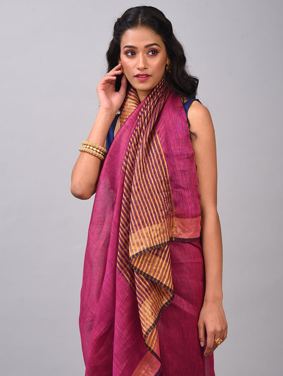 Women Pink Handloom Linen Silk Saree