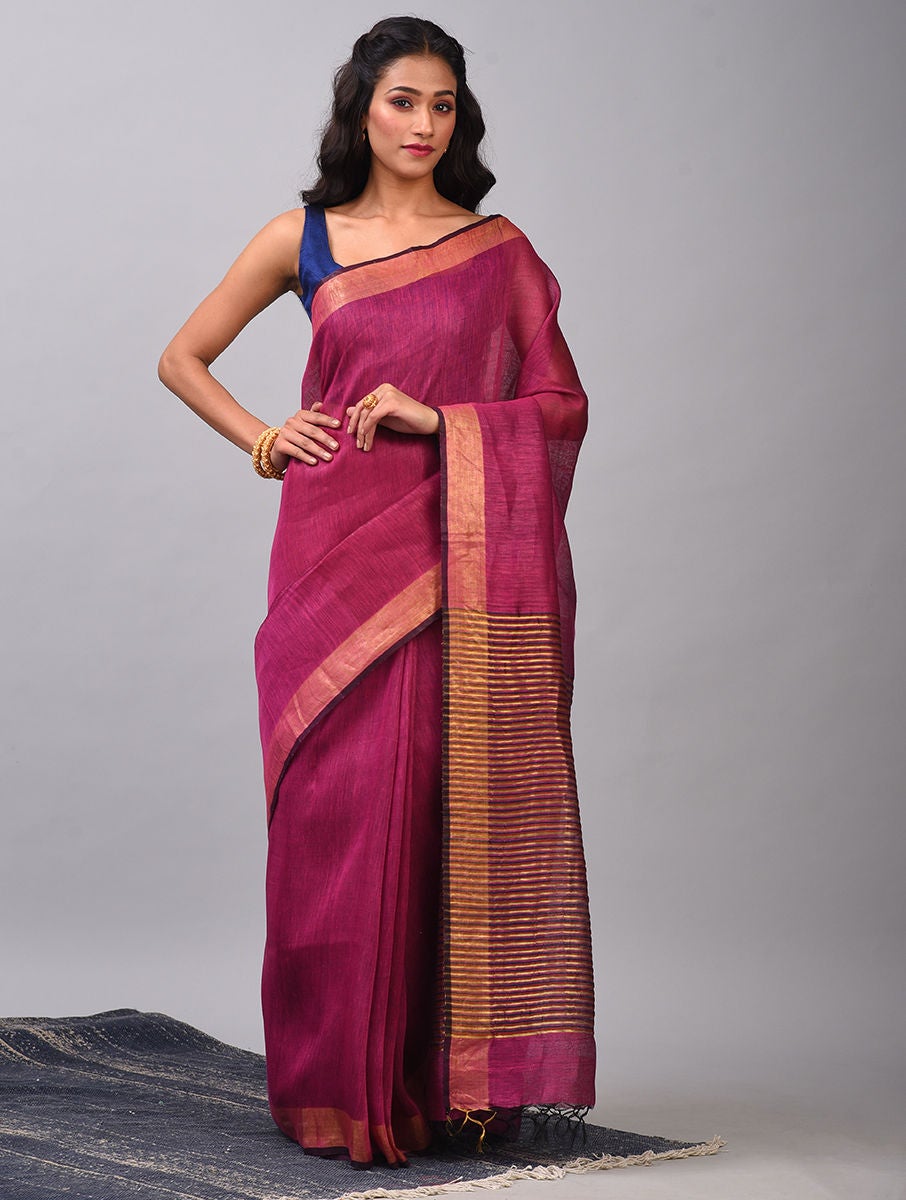 Women Pink Handloom Linen Silk Saree