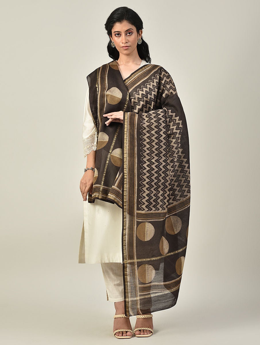 Women Brown Cotton Silk Block Print Dupatta