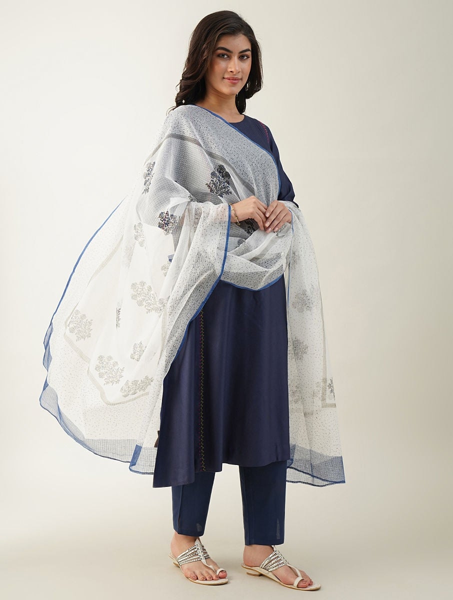 Women Blue Block Printed Kota Dupatta