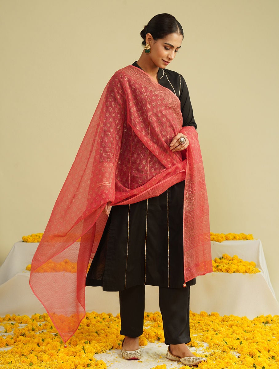 Women Coral Red Kota Silk Khadi Collection Dupatta