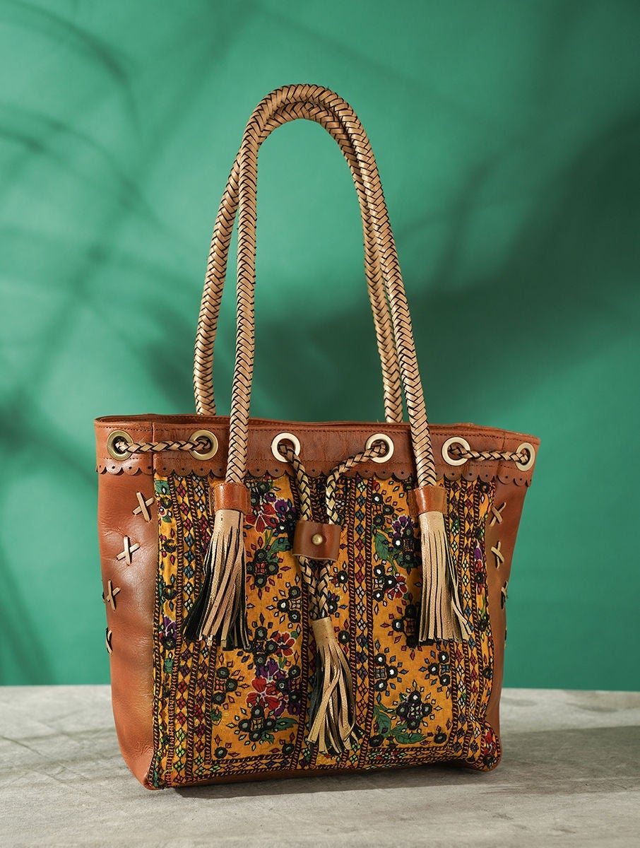 Women Multicolored Vintage Rabari Genuine Leather Tote Bag