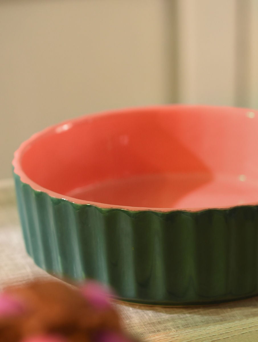 Unisex Green and Pink Ceramic Baking Dish (D-7.5in, H-2.2in)
