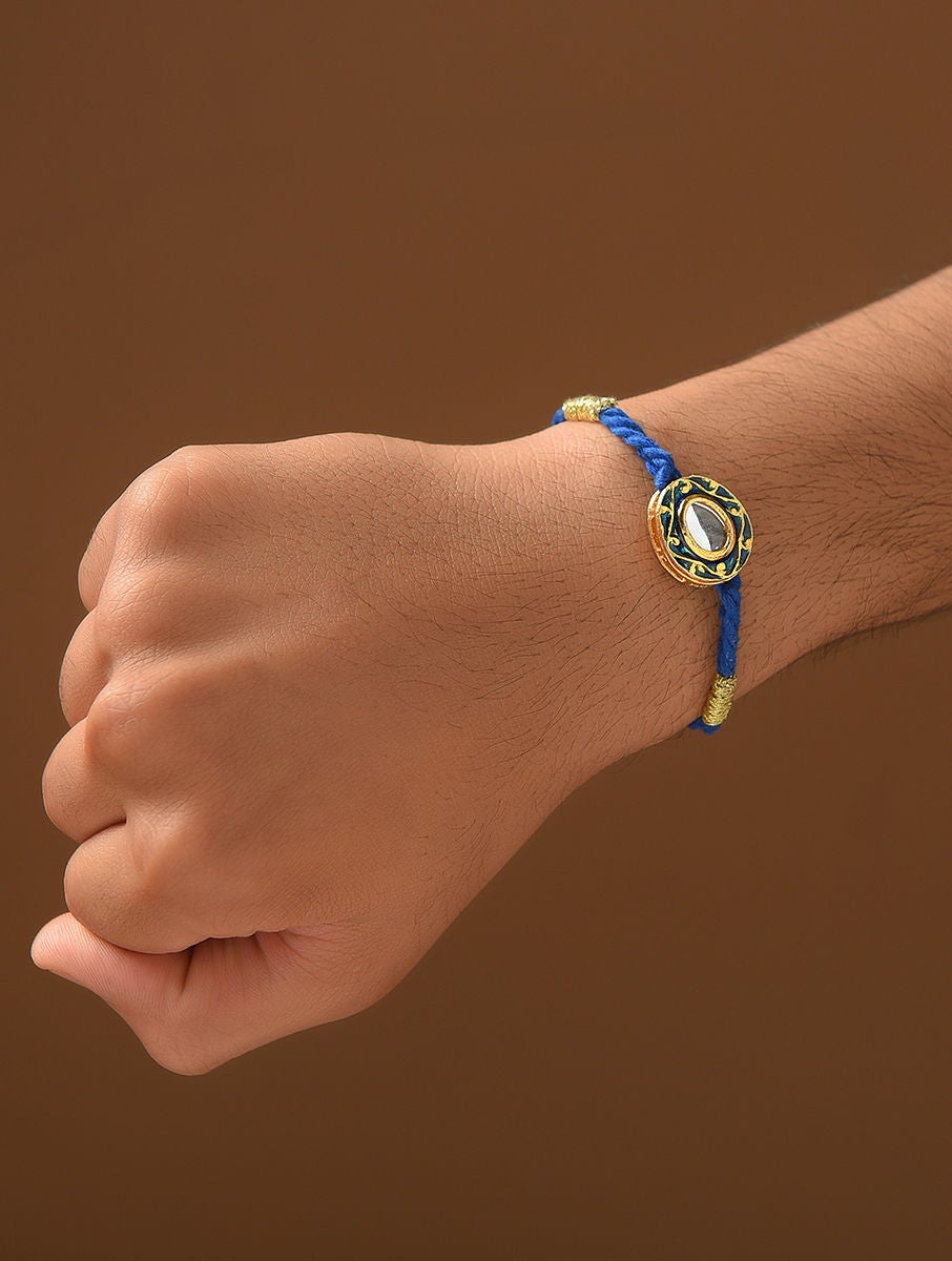Women Blue Gold Tone Kundan Handcrafted Rakhi