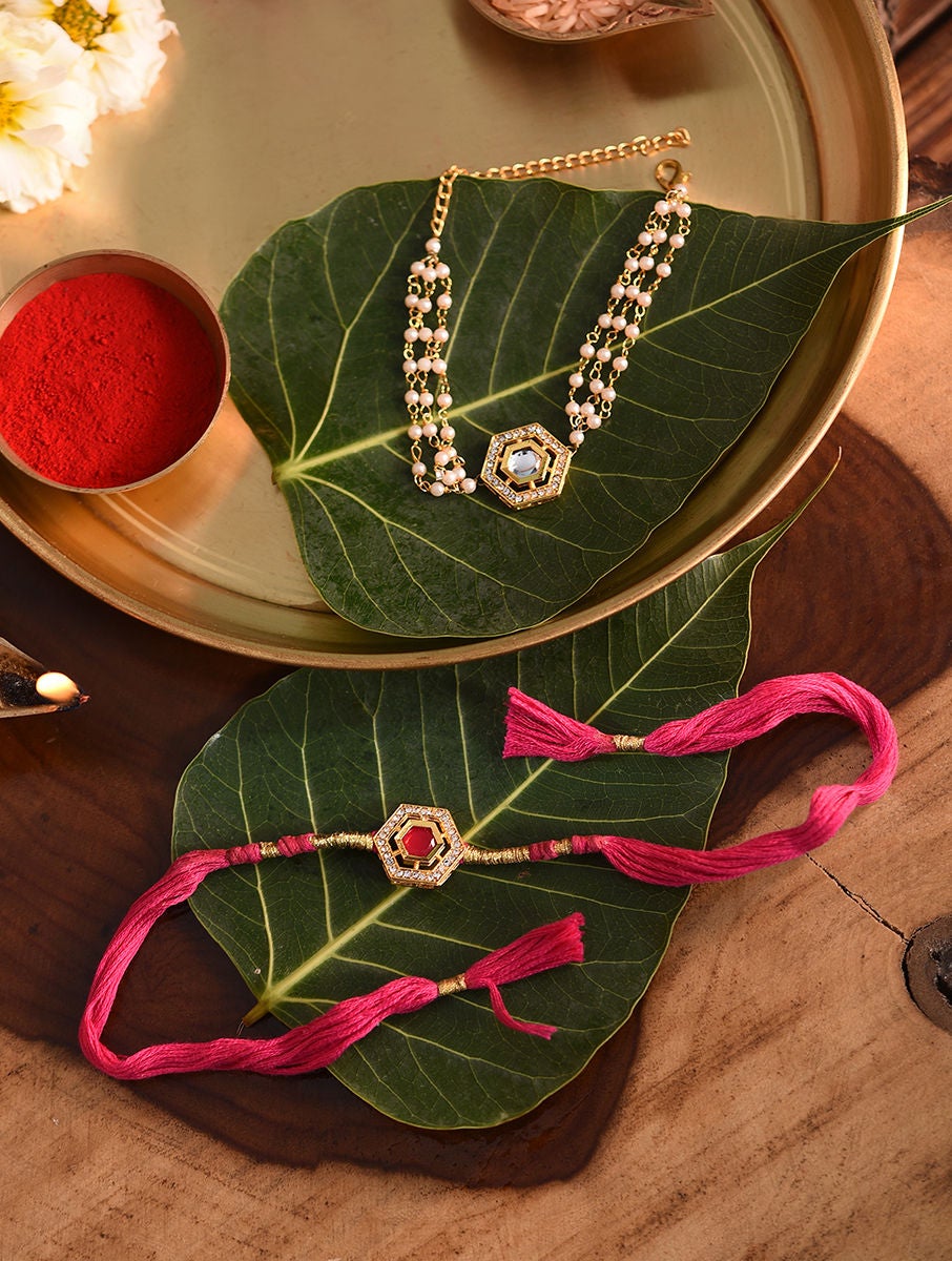 Women Kundan Handcrafted Rakhi With Lumba In A Gift Box (Set Of 2)