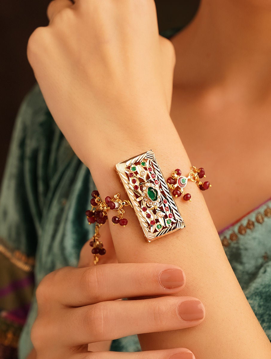 Queens Jewels Queens Jewels Women Red Green Gold Plated Jadau Bracelet Jaypore US
