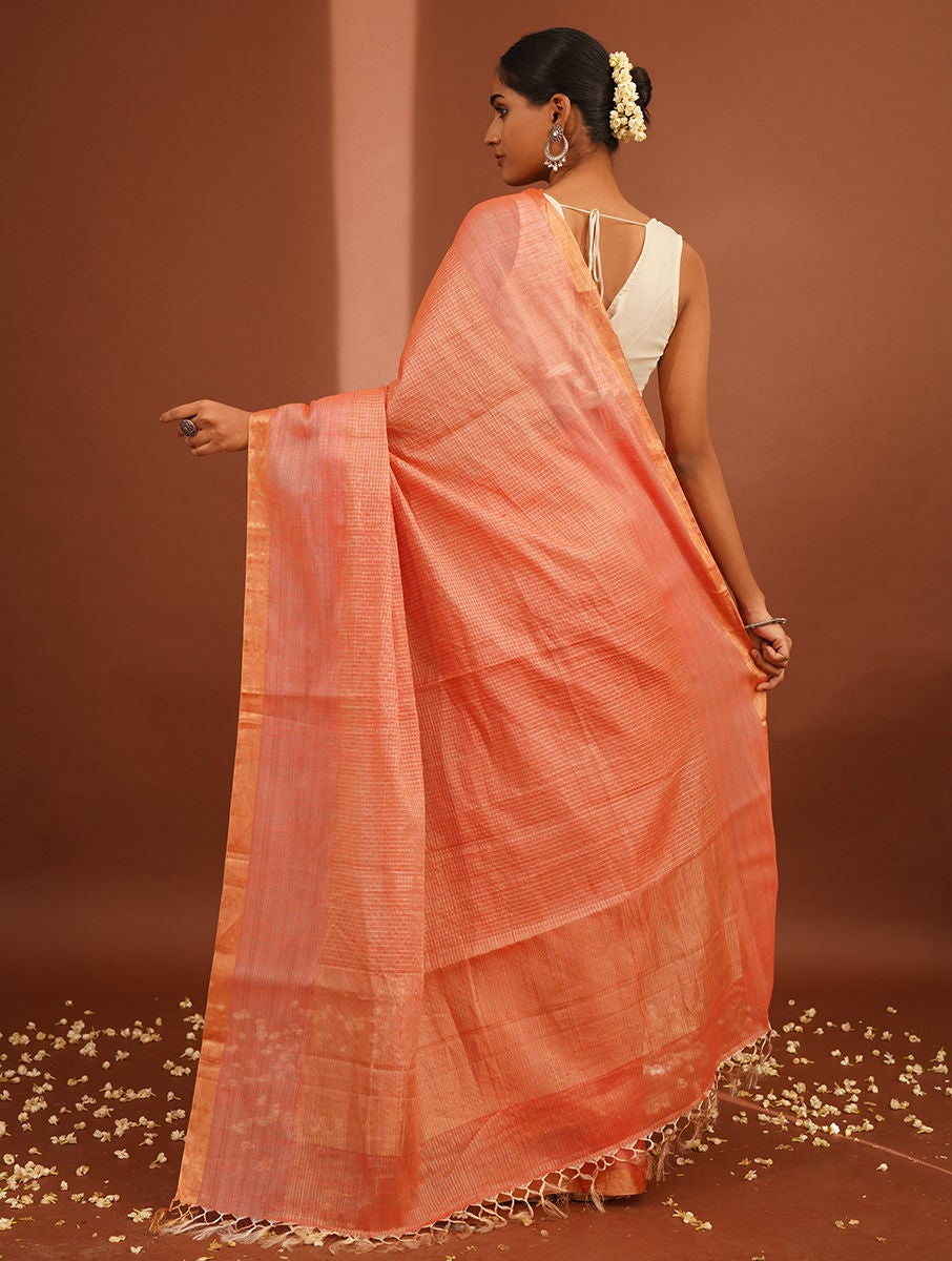 Women Peach Handwoven Silk Saree