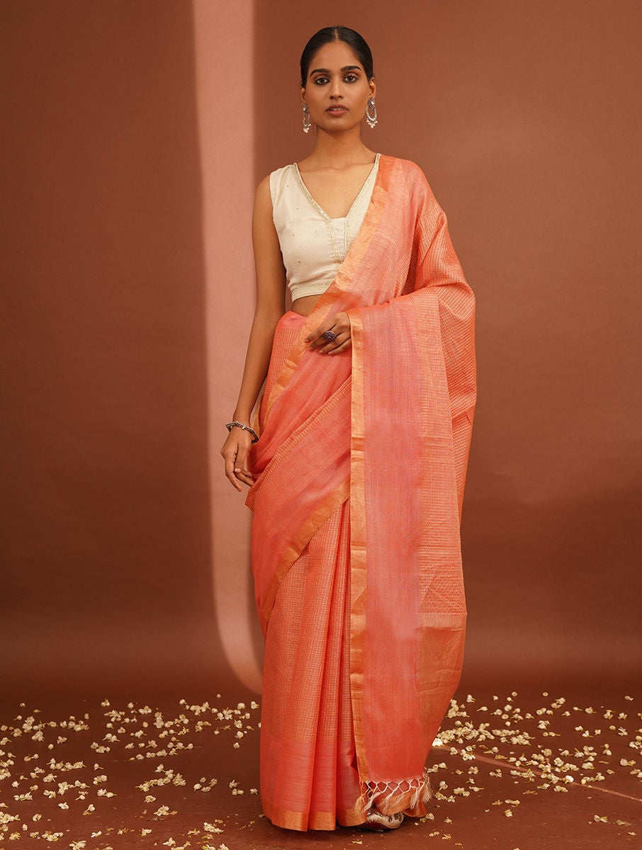 Women Peach Handwoven Silk Saree