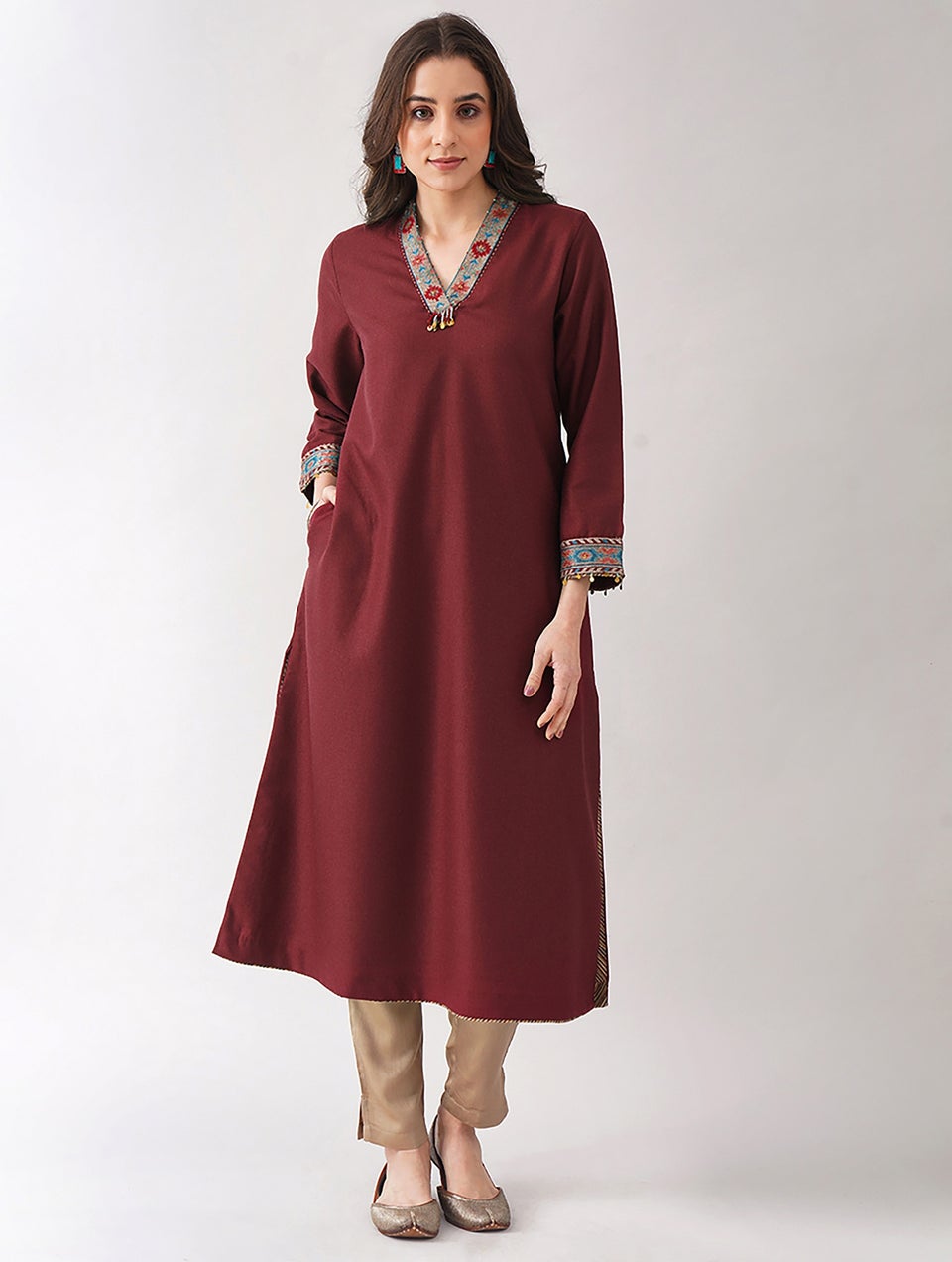 Women Maroon Red Wool Cotton V Neck Straight Fit Kurta