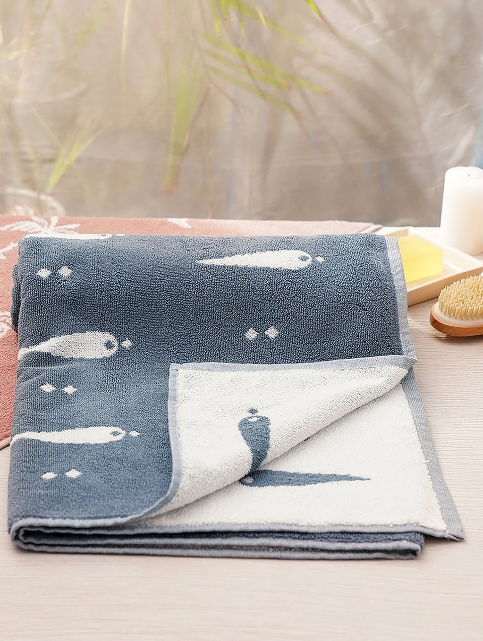 Unisex Blue Jacquard Cotton Bath Towel