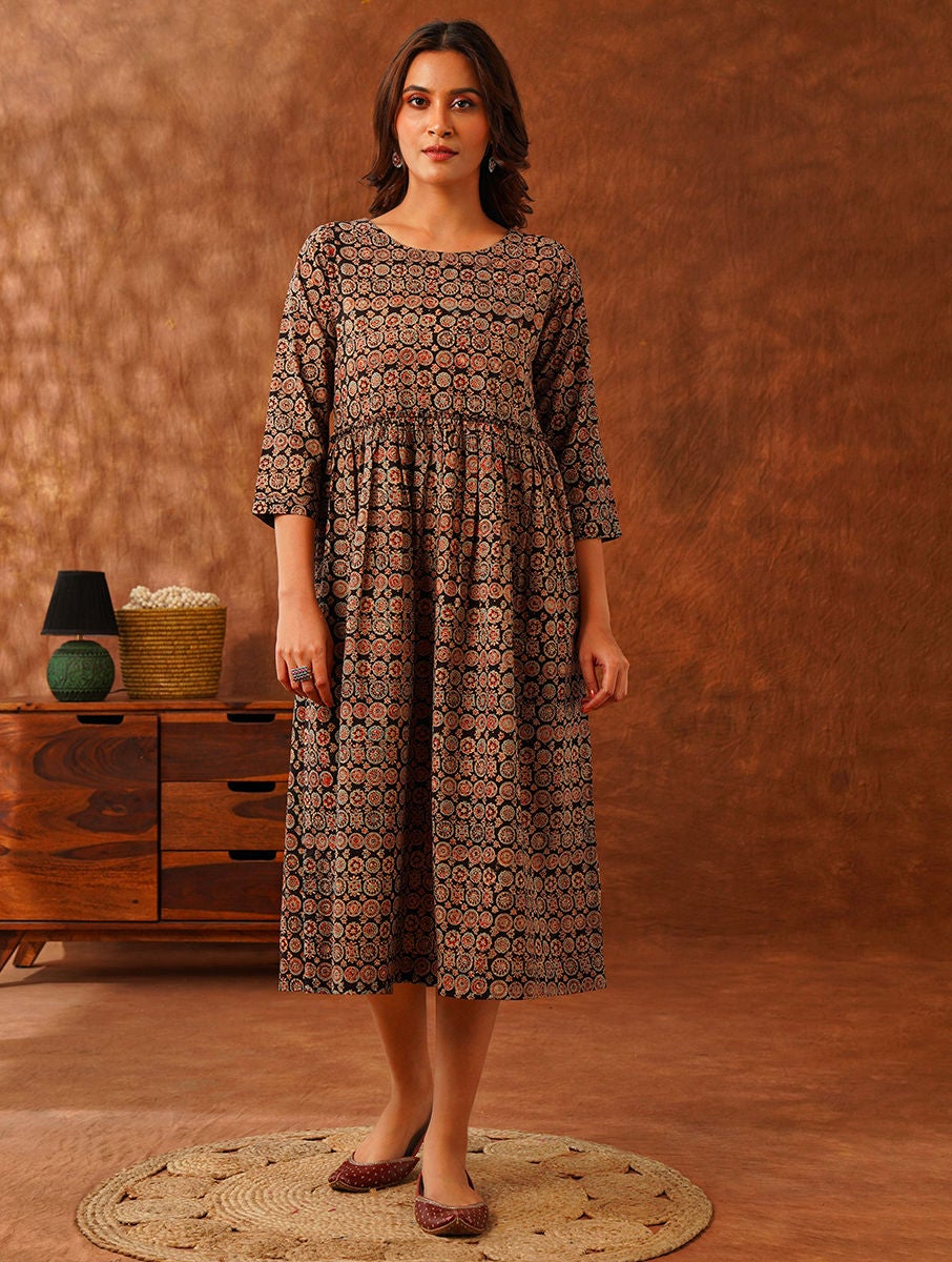 Women Multicolour Cotton Ajrakh Round Neck Flared Kurta - XS