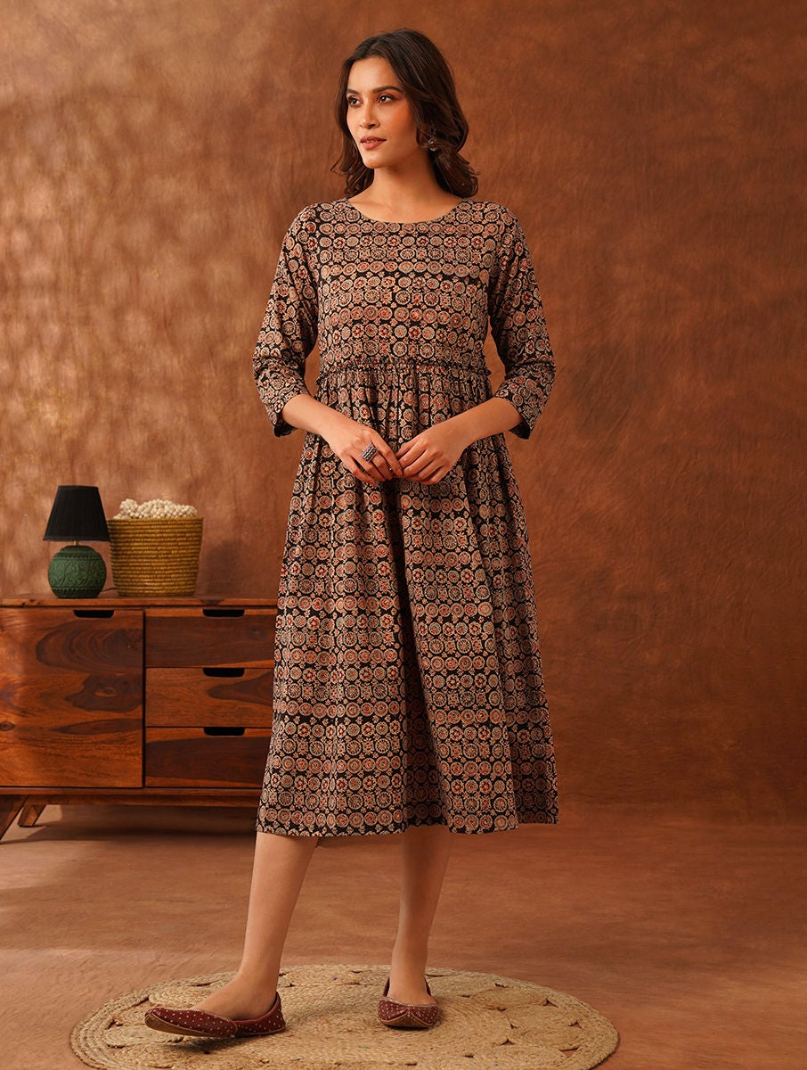 Women Multicolour Cotton Ajrakh Round Neck Flared Kurta - XS