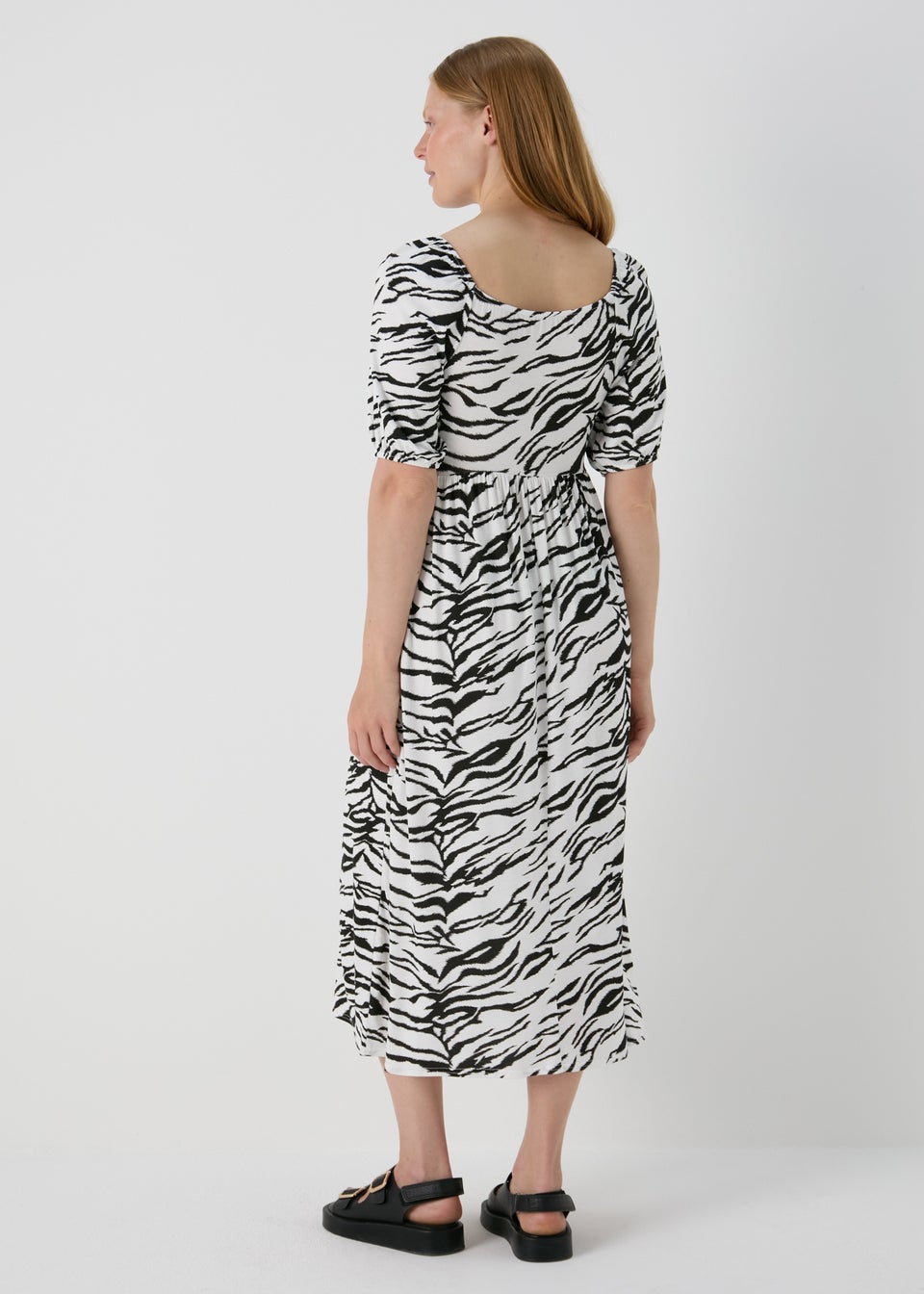 Black Animal Print Shirred Bodice Midi Dress