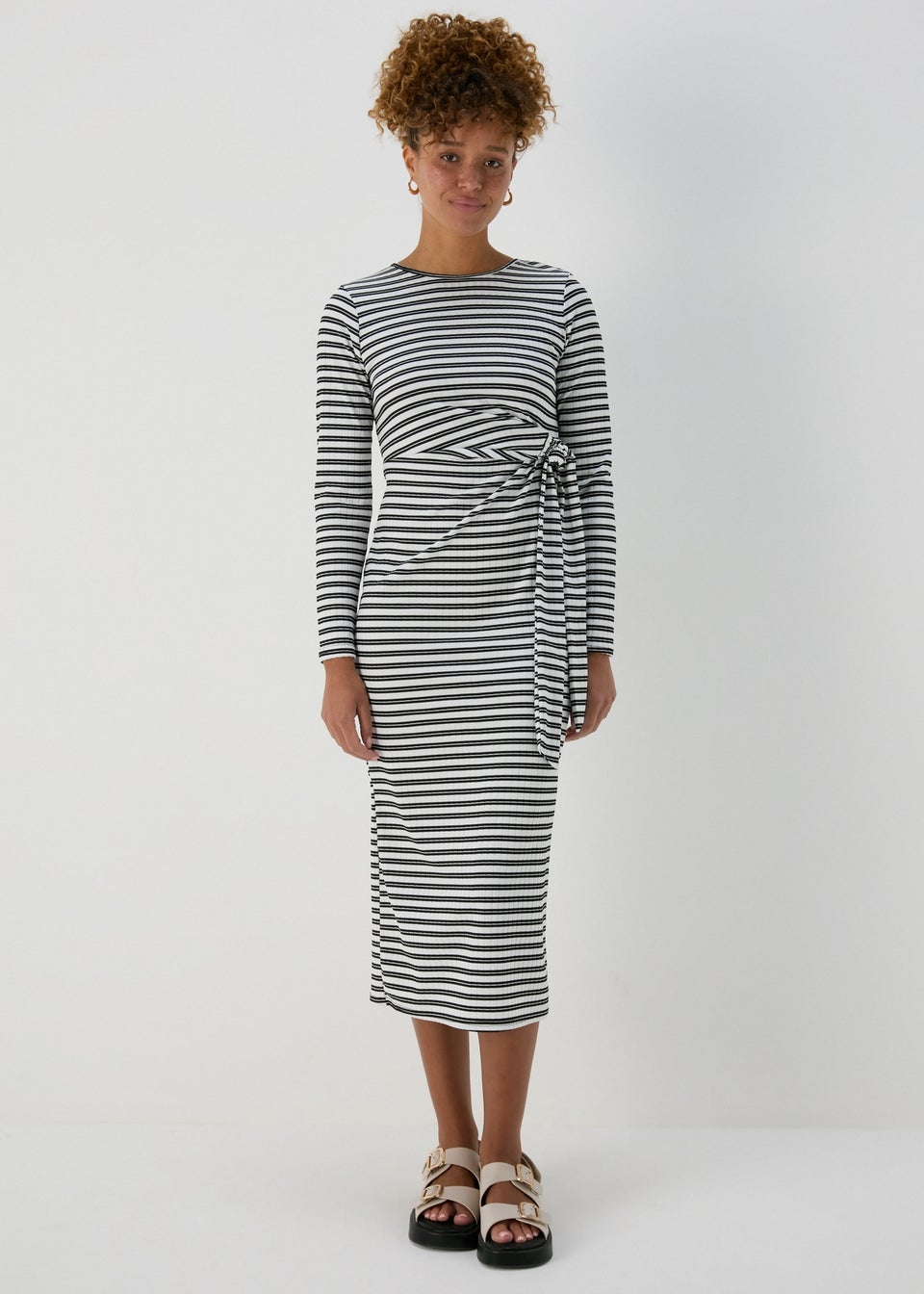 Black Mono Stripe Tie Side Midi Dress