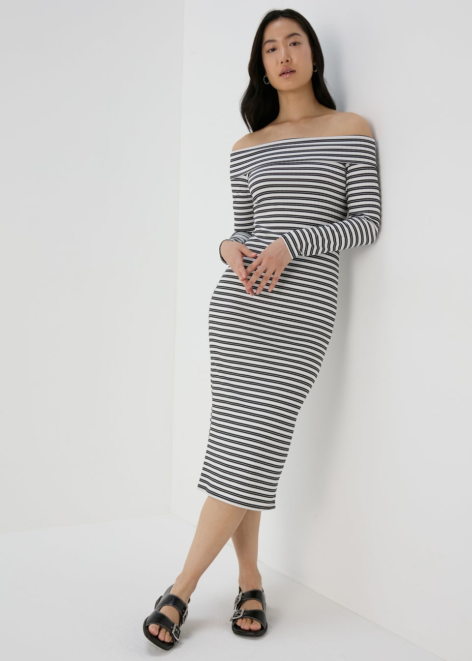 Black Mono Ribbed Bardot Dress Matalan