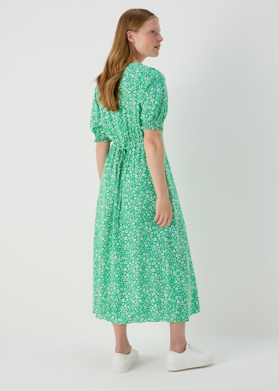 Green Floral Ruched Front Midi Dress