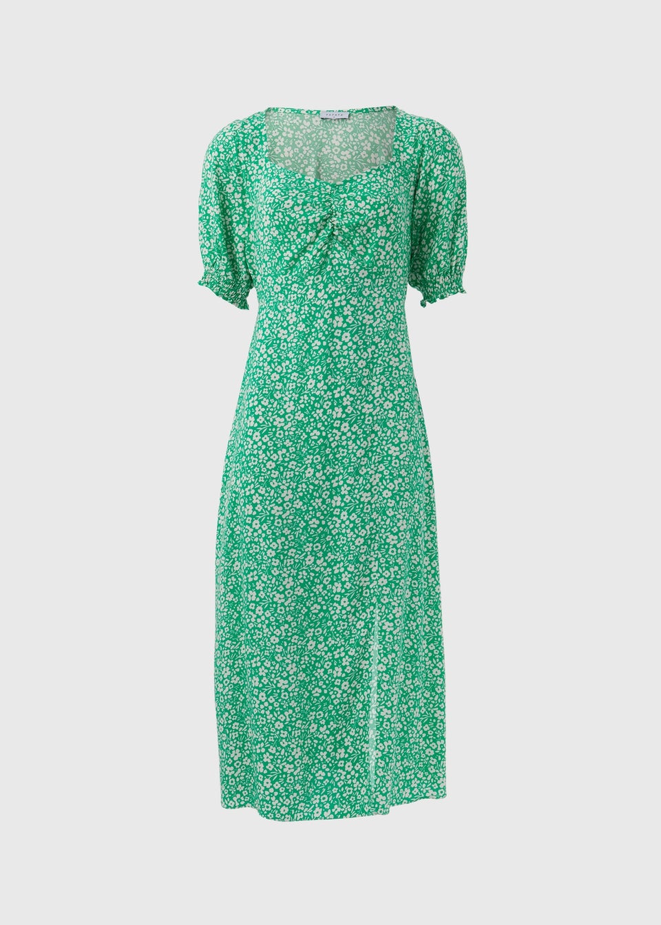 Green Floral Ruched Front Midi Dress