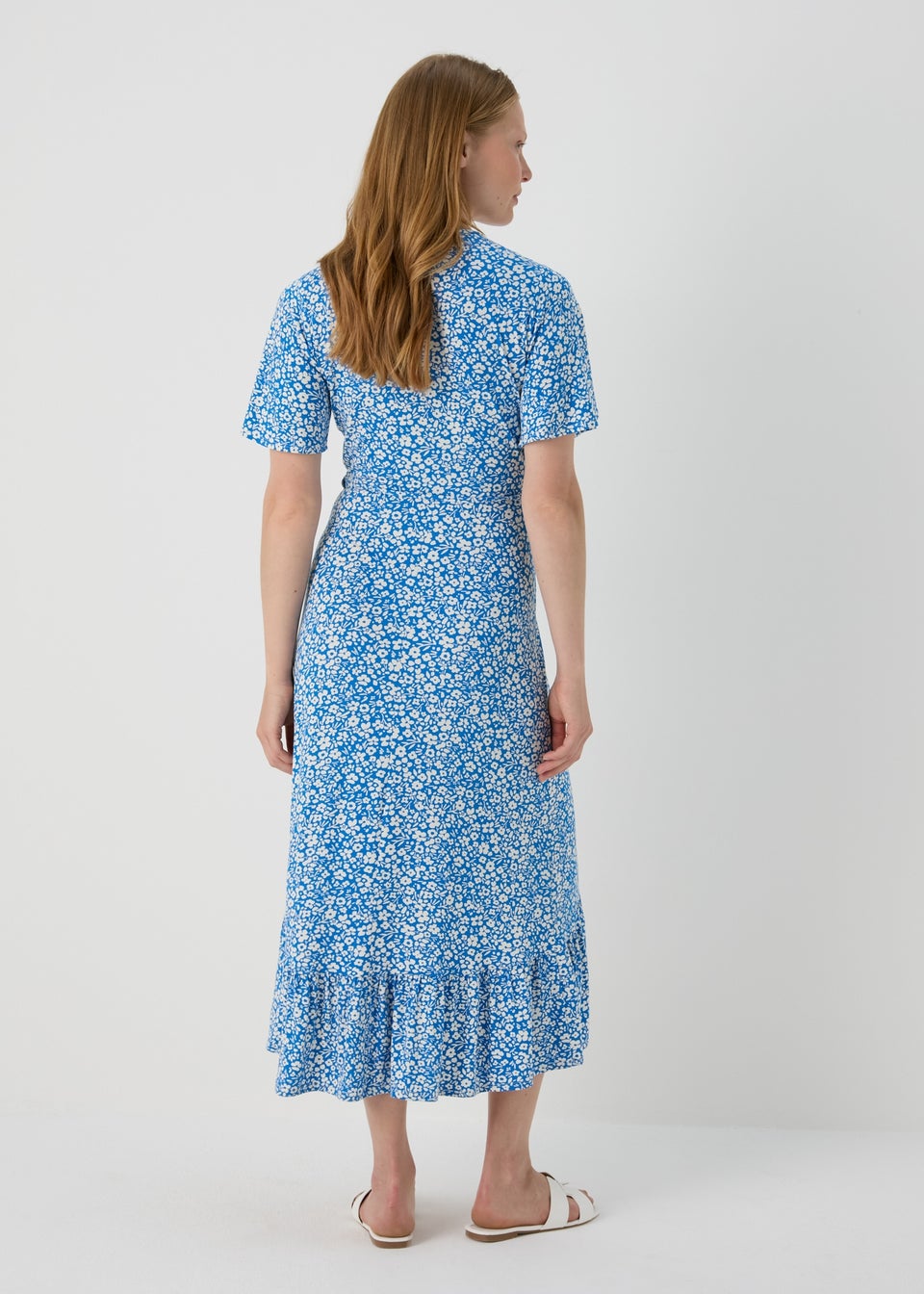 Blue Floral Frill Hem Wrap Dress