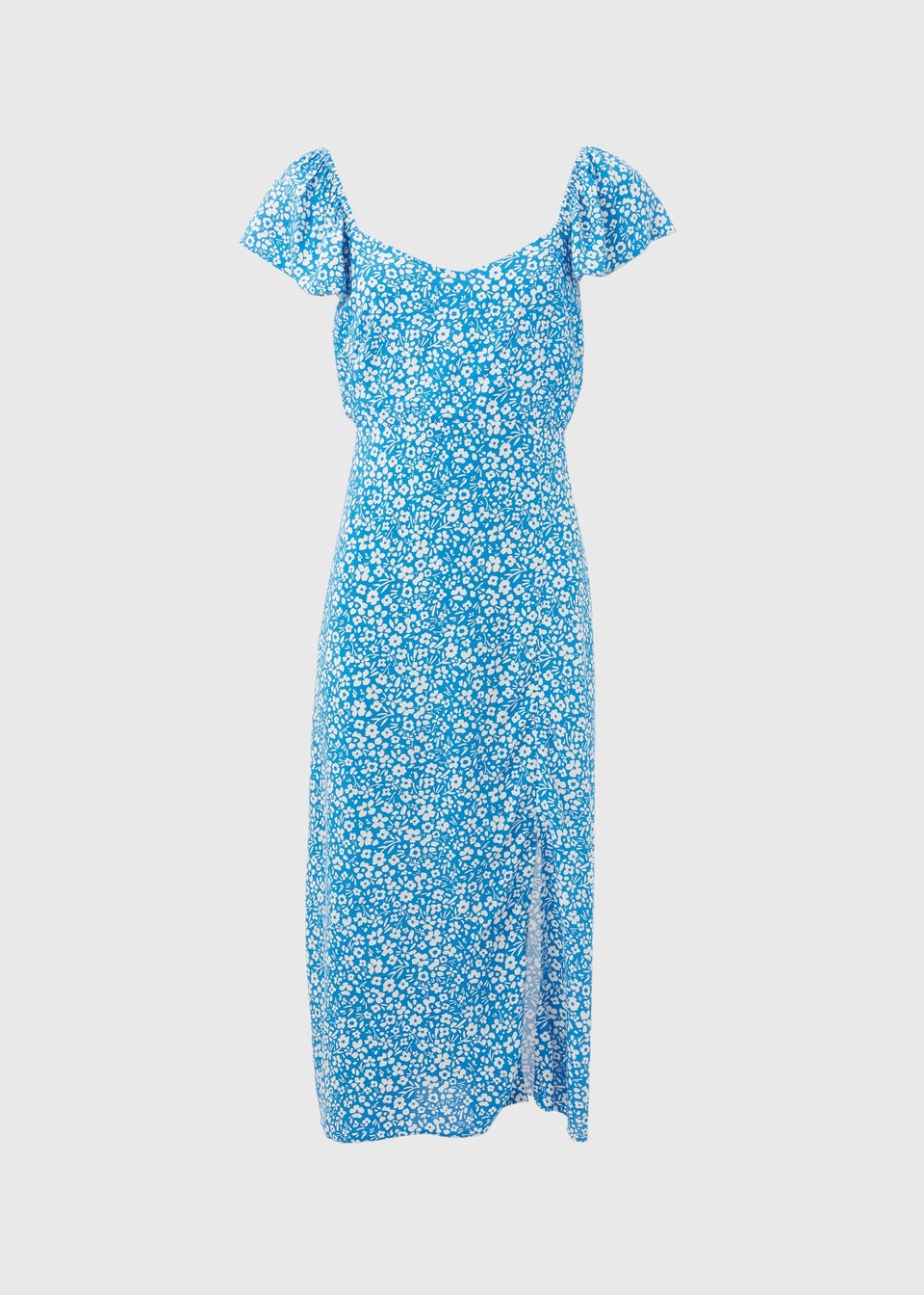 Blue Floral Flutter Sleeve Midi Dress