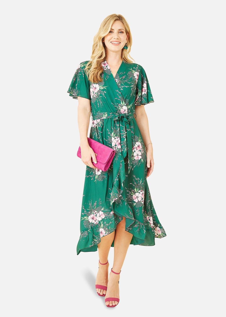 Mela Green Floral Dip Hem Wrap Midi Dress