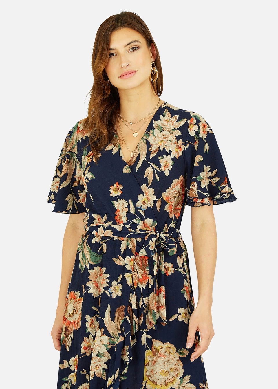 Mela Navy Winter Floral Wrap Midi Dress